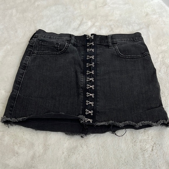 Express Dresses & Skirts - Express black jean mini skirt hook and eye close distressed hem size 2